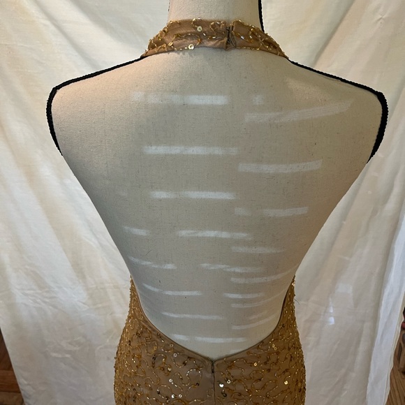 Vintage Y2K gold sequin✨ beaded cowl halter neck open back gown 🪐 - Picture 7 of 8